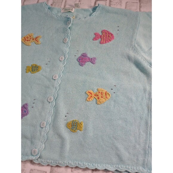 Vtg Extra Shenanigans Cardigan Sweater Women’s 1X  Baby Blue Fish Embroidered - Picture 9 of 16